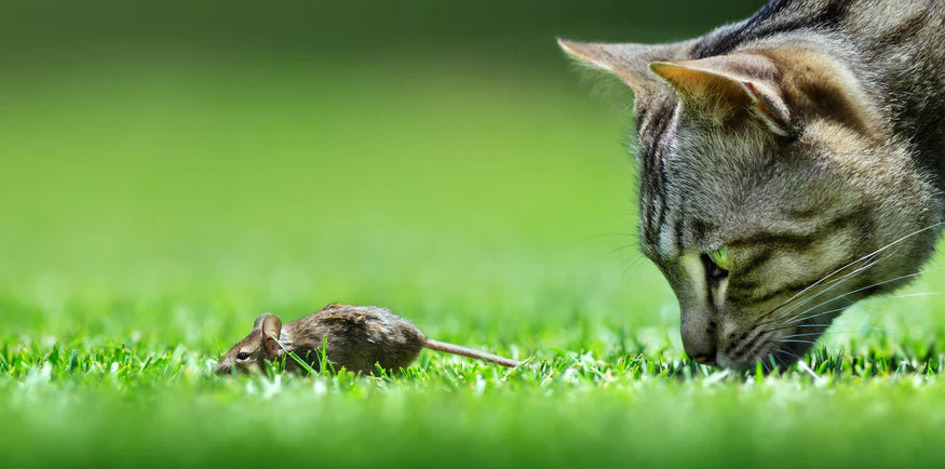 Un chat tigré est accroupi dans l'herbe, concentré sur une souris devant lui. Cette scène illustre le comportement naturel de chasse du chat et son instinct de prédateur.